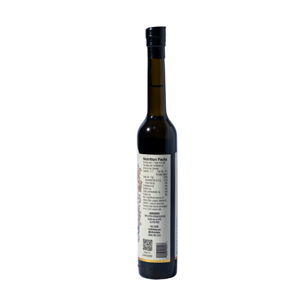 Bottle of olive oil with a label on a white background