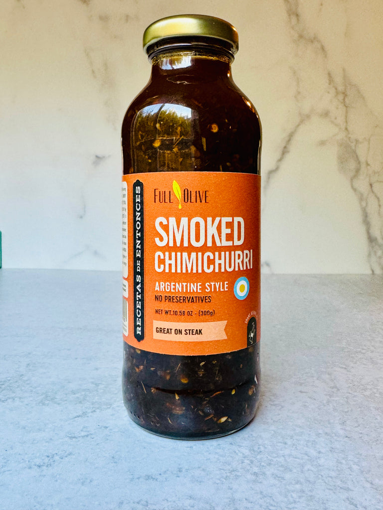 A bottle of Argentine Style Smoked Chimichurri sauce, featuring its label with bold text