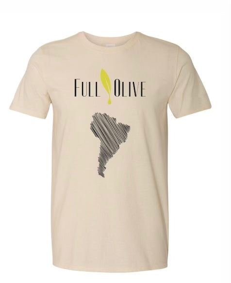A short-sleeve t-shirt featuring the 'Full Olive' logo and 'Argentina' printed on it, with a clean and simple design showcasing the brand and its origins