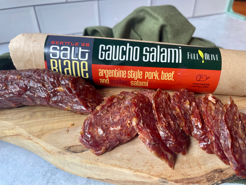 Close-up of The Gaucho Salami, showcasing its rich and aromatic texture. Made with premium, carefully selected ingredients to deliver an authentic and flavorful taste