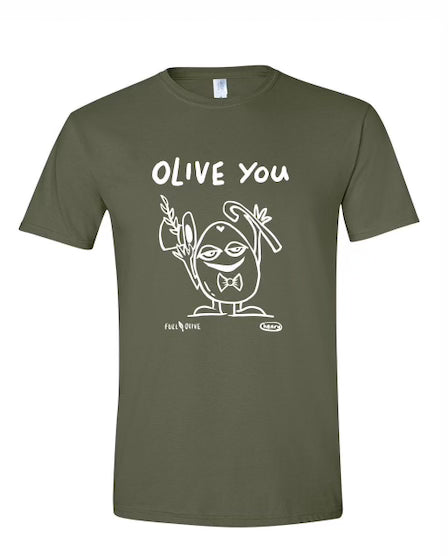 A  short-sleeve t-shirt featuring a cheerful drawing of a happy olive, paired with the playful text 'Olive You'
