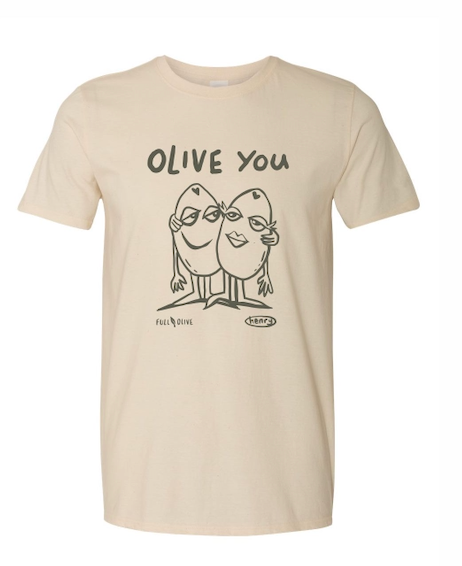 A short-sleeve t-shirt featuring a playful design with two olives hugging, accompanied by the text 'Olive You,' emphasizing a fun and charming theme
