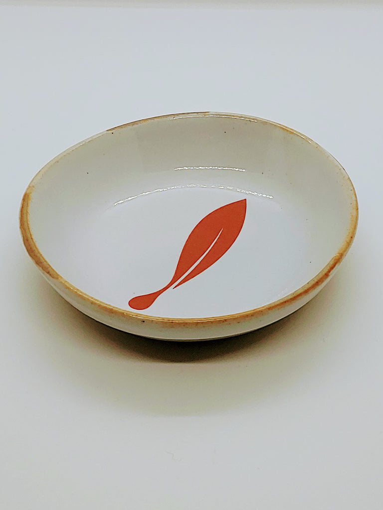 Small Round Olive Oil Dipping Bowl with Full Olive Logo, a red olive leaf in the middle