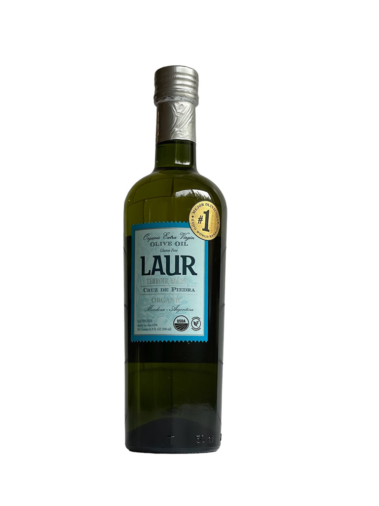 A bottle of Laur Organic Extra Virgin Olive Oil from Mendoza, Argentine